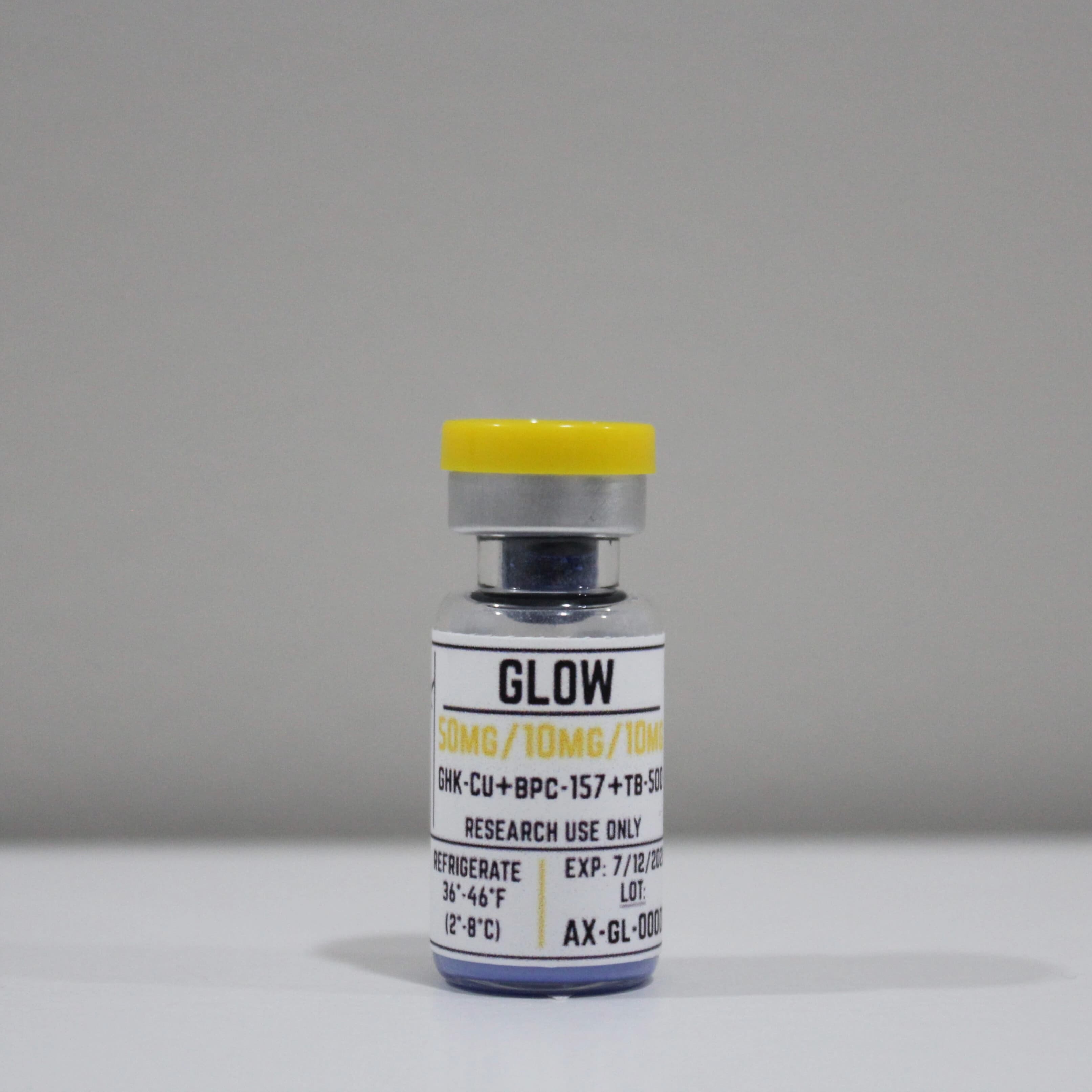 Glow 70mg research peptide vial, ≥99% (HPLC) purity, COA verified